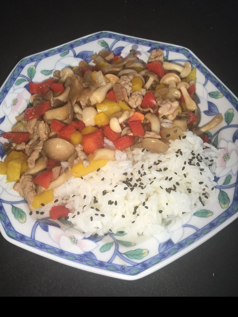 花色繽紛的洋蔥茹茹肉絲拌飯,小孩則改焗飯