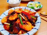 雙茄燒蝦+蛋炒絲瓜+燙青菜