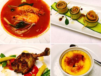 海鮮湯、燻鮭魚捲、香煎雞腿、烤布蕾