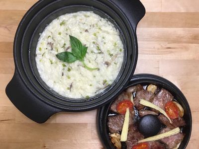 奶油野菇燉飯+蒜煎牛小排
