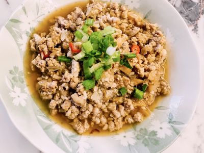 家常菜脯炒肉碎 （不勾芡澆飯版）