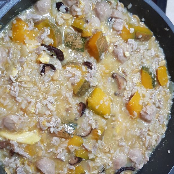 香菇南瓜粥 : 純純一起做