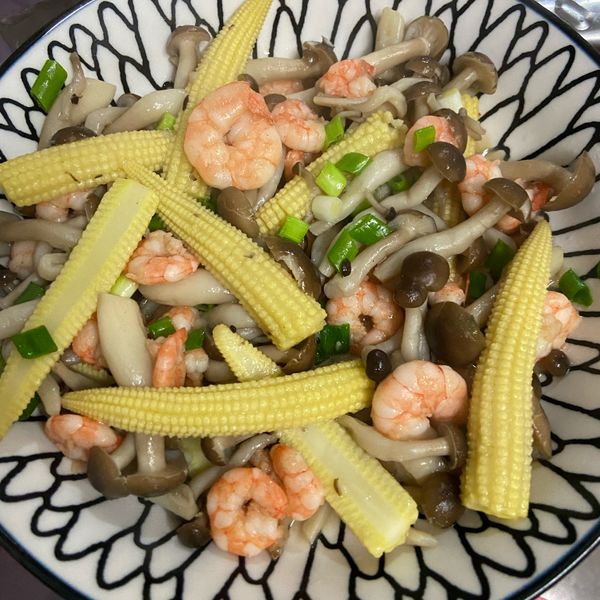 鴻禧菇玉米筍炒蝦仁 : 雯子一起做