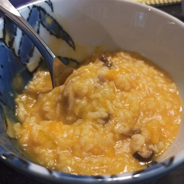 香菇南瓜粥 : 小孩一起做