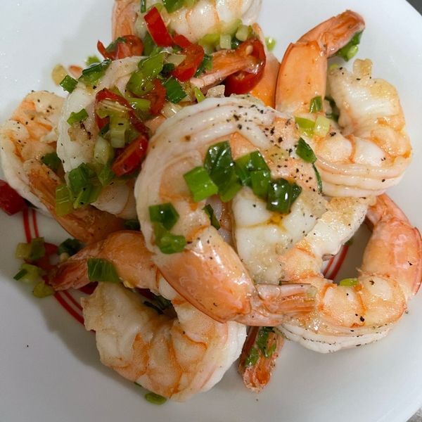 香蔥黑胡椒大蝦仁 : 白白一起做