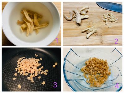 蘿蔔乾泡水，沖洗掉過多的鹽分，再擰乾切成小丁，放入鍋中炒熟炒香後盛起備用