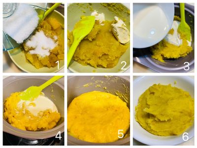 將蒸好的地瓜趁熱倒入砂糖、奶油和鮮奶油攪拌均勻，並放涼備用