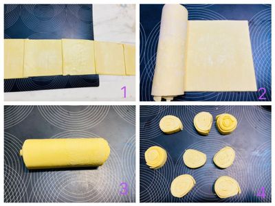 將軟化的起酥片一片片接起來，重疊處約0.5公分，再由一端捲起，捲成圓柱狀，平分切成8等份