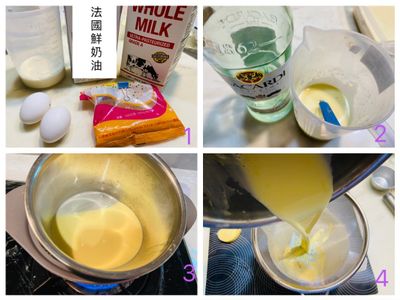 製作蛋撻液，將鮮奶、鮮奶油及兩個蛋黃倒入鍋中攪拌均勻，再加入砂糖、萊姆酒，置於鍋中隔水加熱，使砂糖完全溶解即可關火，再過篩篩掉蛋筋，可以讓蛋撻蒸起來口感更滑嫩