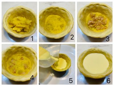 先放入約25克的地瓜餡，略微壓實，再放入約3克的蘿蔔乾，將蘿蔔乾壓入地瓜餡中，再倒入過篩的蛋撻液約20～22克左右，約八分滿即可