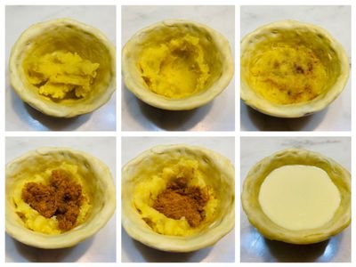 同場加映肉鬆地瓜口味蛋撻，只要將蘿蔔乾以肉鬆取代即可，其他作法都相同