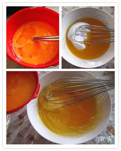 全部的雞蛋先打散, 奶油用微波爐打成液狀,加入細砂糖攪拌並混合均勻至變色又濃稠,,接著分3次加入蛋液, 每次要看到雞蛋完全融合油裡 再加入,