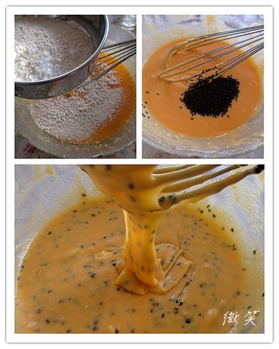 加進香草精和醬油拌勻.接著直接把低筋麵粉過篩進去,輕輕拌合,最後加入黑芝麻拌勻成細滑的麵糊既可, 在蓋上保鮮膜入冰箱冷藏1小時後在使用