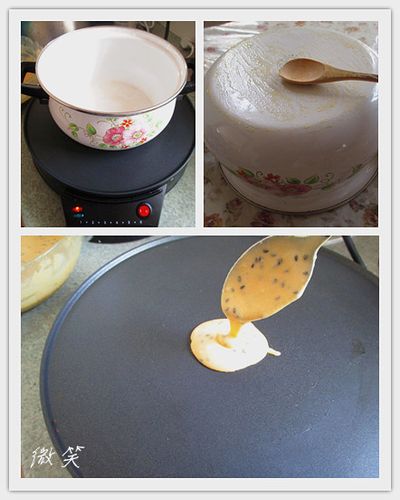 爐具先預熱好,取一個乾淨大小適中的鍋子放爐具上加熱後拿開在鍋底塗上一層薄薄的奶油來防黏,其實做了幾張餅皮後鍋底已保持有油質也就不需要在刷油
,舀入約一湯匙的麵糊在爐具中間,
