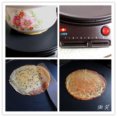 馬上把刷過油又溫熱的鍋底直接往麵糊上壓下來,靜置大約烘烤個30~40秒後,用長抹刀平行地把完整的餅皮輕輕的弄下來在翻面,在續烘個30秒.要烘烤到2面都呈金黃色
我全程是以中火~4~左右來烤,但每家的可麗餅機型態火力都會有些不同,還是要看個別情狀來控制烤溫喔