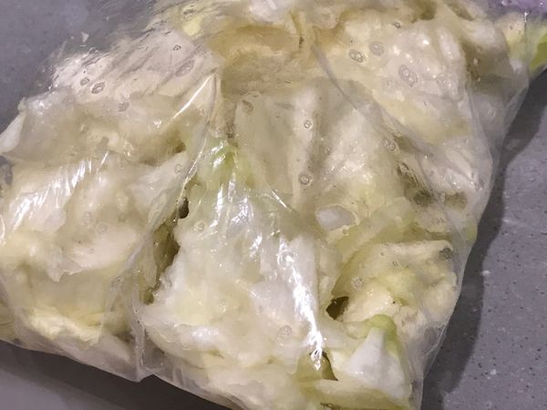 高麗菜切成塊狀，放入塑膠袋中，加入2小匙鹽，上下搖晃讓鹽均勻分布，靜置讓高麗菜出水，倒掉水份瀝乾。