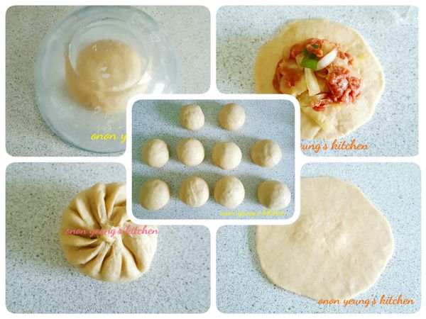 把麵糰靜置 25 分鐘後，分割成10個小糰，把小糰壓成圓型後用捍麵棍捍成中間略厚外圍薄的麵皮。把餡料放在中間然後揑緊開口。