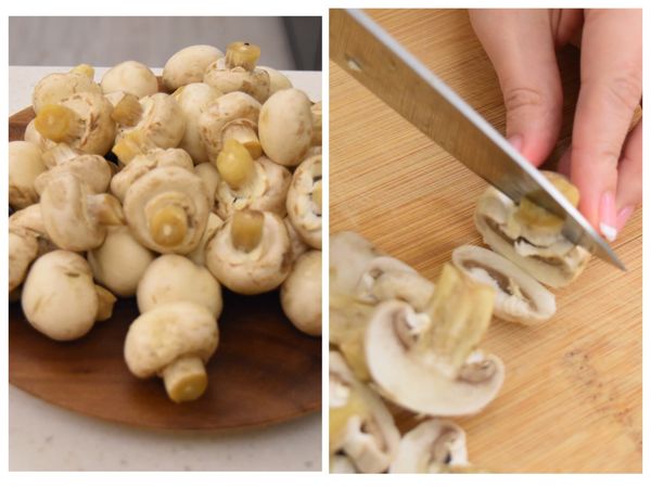 將蘑菇洗淨後切片。