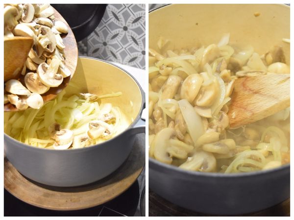 炒至香味產生，洋蔥稍微變軟，轉中火，將蘑菇片加入鍋中拌炒。