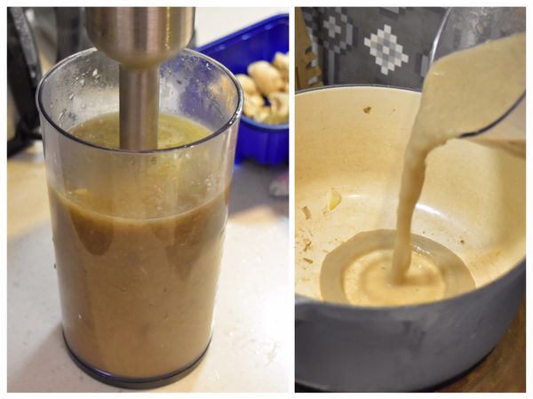 燉煮至蘑姑熟透後，將湯料以食物調理機或果汁機打成濃稠滑順的濃湯。