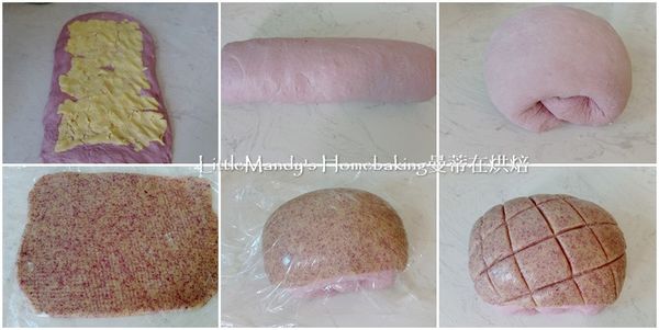 取出第一次發酵完成的麵團，拍除大部分氣體後再次滾圓鬆弛15分，.時間到麵團桿呈長條狀，塗抹上奶酥餡，往下捲成長柱狀，兩側在往內收，取出菠蘿皮，桿成比麵團稍大的長方形薄片，利用保鮮膜直接包覆在麵團上收緊黏合
再用刮板割出紋路