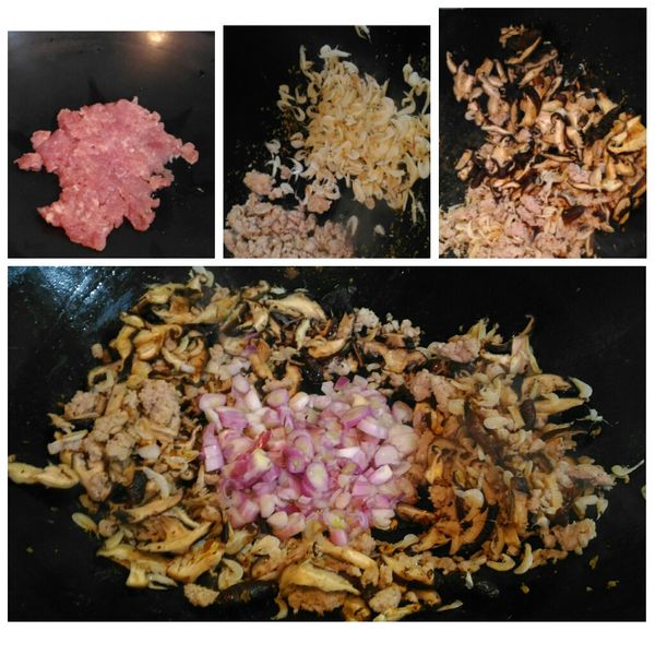 依序炒香絞肉，蝦皮，香菇。(一定要炒出香味)
鍋中心放少許油，加入紅蔥頭炒至金黃