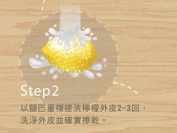 以鹽巴重複搓洗檸檬外皮2-3回，洗淨外皮並確實擦乾。