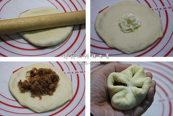 取一個麵糰先撖開來後，先擠些沙拉醬在麵糰上，
然後鋪上適量的肉鬆後包起來，收口捏緊。
