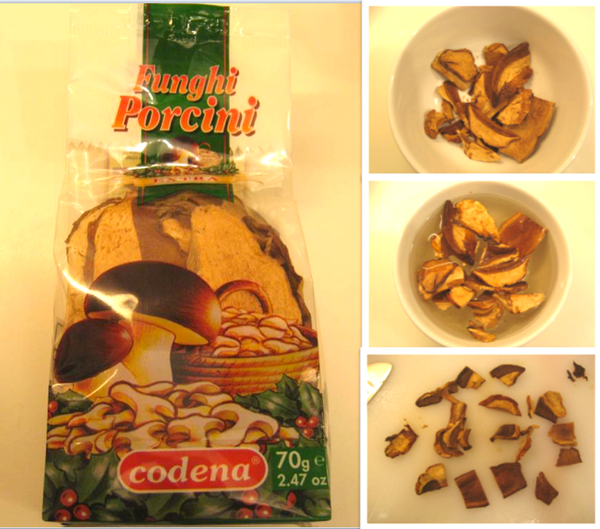 要選擇優質的幹片，其味道才濃郁。用一杯水泡軟，切小件備用；
Soak porcini for a while, cut into fine pieces, keep its water.