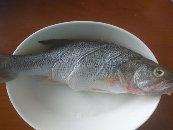 將鱸魚洗乾淨拭去水份後，使用刀具在魚身上片2~3刀，使用斜片的方式，可以讓魚肉接觸蒸氣的面積變大，魚肉不用花太多時間就能蒸熟。