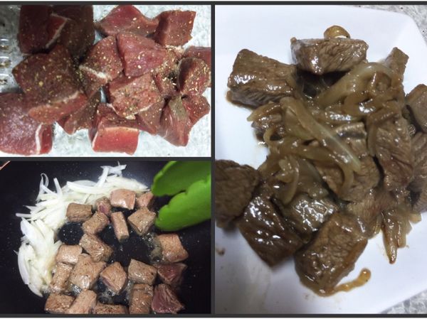 煮麵的時間來先處理牛肉
牛肉灑黑胡椒下鍋煎炒香在跟洋蔥一起拌炒一下不要太久以免肉過老
就先起鍋備用
