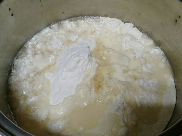 皮的餡料全混合一起，水太多加水
粉太少加粉，米酒用意取代酵母粉發酵麵粉，因為清冰箱料理不想再另外買酵母粉。