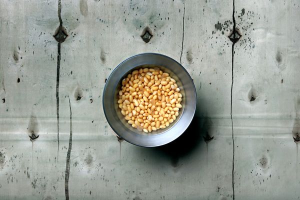 黃豆清洗乾淨後，注入清水（份量外）泡隔夜，約需六到八個小時，水量超過黃豆一至兩公分即可。夏天太熱的話就放在冰箱冷藏裡。