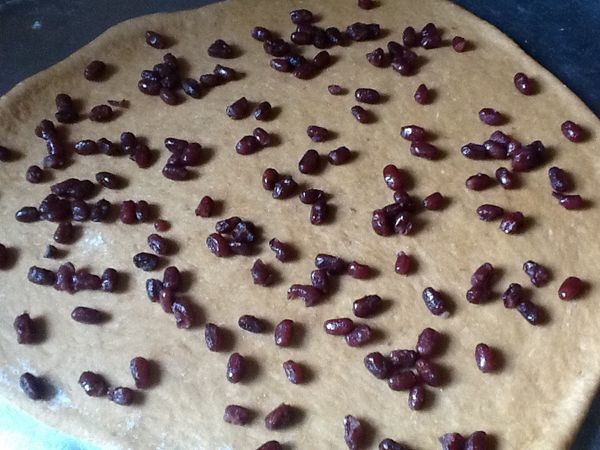 7.放上蜜紅豆，再由一端往內捲，捲成圓柱狀。