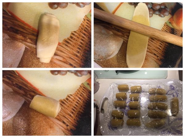 麵糰轉90度，擀成長形薄片，翻面後，自短邊捲起，收口朝下。
蓋上保鮮膜鬆弛15分鐘。