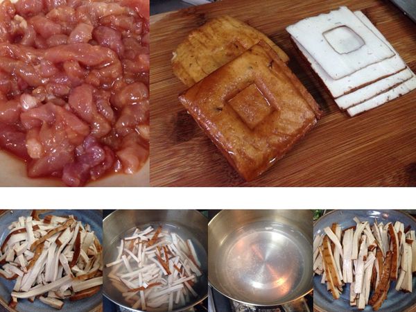 1.肉絲先醃15～20分
2.豆乾切3～4層再切絲
3.同步起水鍋煮沸，放1茶匙小蘇打粉
4.下切絲的豆乾，稍微川燙撈起備用