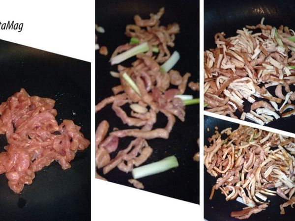 1.起少許油鍋下肉絲
2.放入蔥白及蒜頭炒一下，再下高梁酒嗆香
3.下豆乾絲拌炒
4.下醬油調味即可