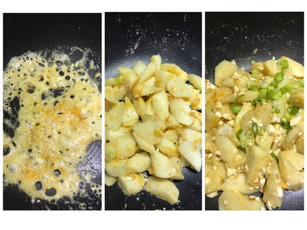 起油鍋，先下蔥白爆香，再放入鹹蛋黃炒至起油泡。
放入茭白筍拌炒讓鹹蛋黃均勻吸附在茭白筍上，再下鹹蛋白拌炒一下，最後再放入青蔥末拌一下即可。
起鍋前嚐一下味道，若不夠鹹可以加一點淡醬油拌炒一下。