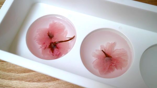 稍微散熱後，倒入模具，放入泡好的鹽漬櫻花，密封後冷藏。