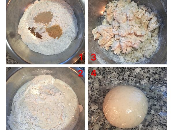 1.將五香粉、白胡椒粉、鹽、糖、酵母都先分別倒入麵粉中，混勻。
2.再加入牛奶或水和油；
3.攪拌到沒有水份後略揉成糰，蓋起來鬆弛麵糰10分鐘後；
4.再取出揉成光滑的麵糰；再次蓋起來鬆弛15分鐘。