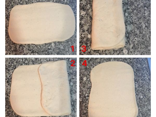 1.先將鬆弛後的麵糰橄成長方型；
2、3.將兩邊往內摺，摺成等量三摺。
4.再次橄開成長方型；