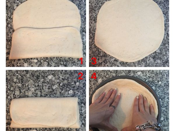 1、2.再次摺成三摺；
3.慢慢橄成與模具大小差不多的圓形；
4.再放入派皮或批薩模具中整型。