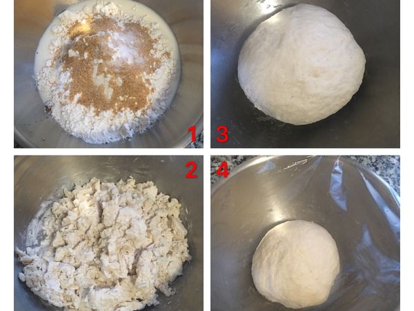 首先製做水合麵糰, 除了酵母和無鹽奶油之外,先將乾性材料混勻後加入牛奶,攪拌到沒有液體後就可以用手下去操做, 只需要揉成糰,原料都混勻即可,然後用保鮮膜蓋好放到冰箱冷藏30~45分鐘.