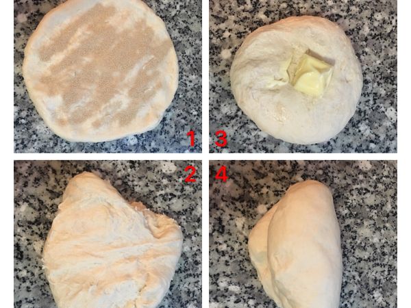 水合麵糰從冰箱取出後,用手掌壓扁,灑上即溶酵母,並開始揉製,揉到酵母都看不到了之後再加入無鹽奶油,並需揉到奶油完全吸收,麵糰表面光滑.便可蓋上保鮮膜放在室溫進行發酵,