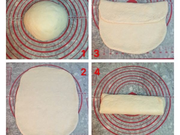 空氣排出後即可將麵糰倒在工作檯上,收成大圓型後,再進行壓桿,先桿成一片長方型,在從上、下往中間摺,摺成一條厚的長方型.然後再次桿開,再摺三摺,
(此動作需重覆最少三次, 桿越多次麵糰會越光滑,組織也會越有彈性.)