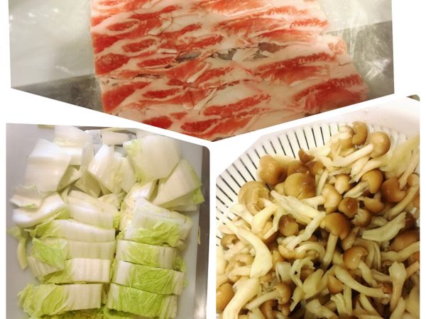 在義大利麵加熱的時候
把白菜切成適口大小、鴻禧菇去掉底部的根