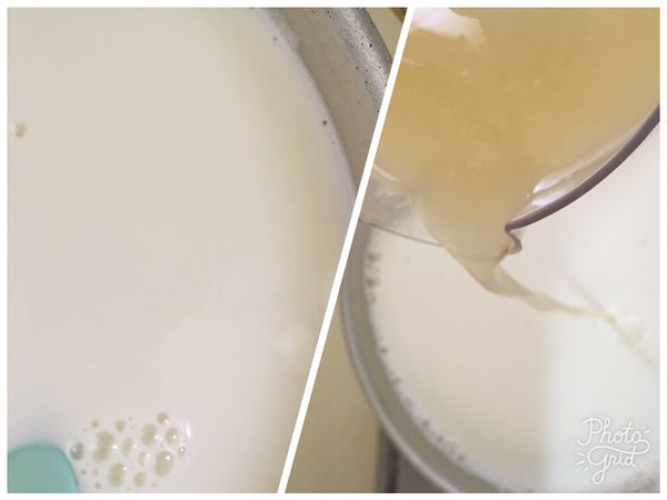 把鮮奶及動鮮用中小火加熱至微微滾，關小火後倒入第一次檸檬汁（檸檬汁分3次➕）