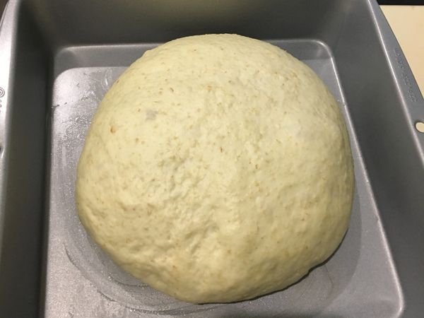 將所有材料放入，揉成一個有薄膜的麵圑，並發酵成兩倍大