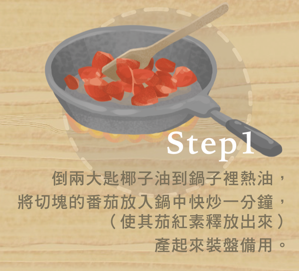 倒兩大匙椰子油到鍋子裡熱油，將切塊的番茄放入鍋中快炒一分鐘(使其茄紅素釋放出來)，盛起來裝盤備用。