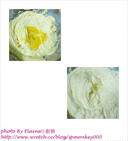 繼續以快速的速度攪打均勻，呈現光滑細緻且顏色稍微變淡的"奶油糊"(下圖右下)。

Tips:在攪打的過程中，必需適時的停下機器，用橡皮刮刀刮一下容器四周及底部沾黏的材料。